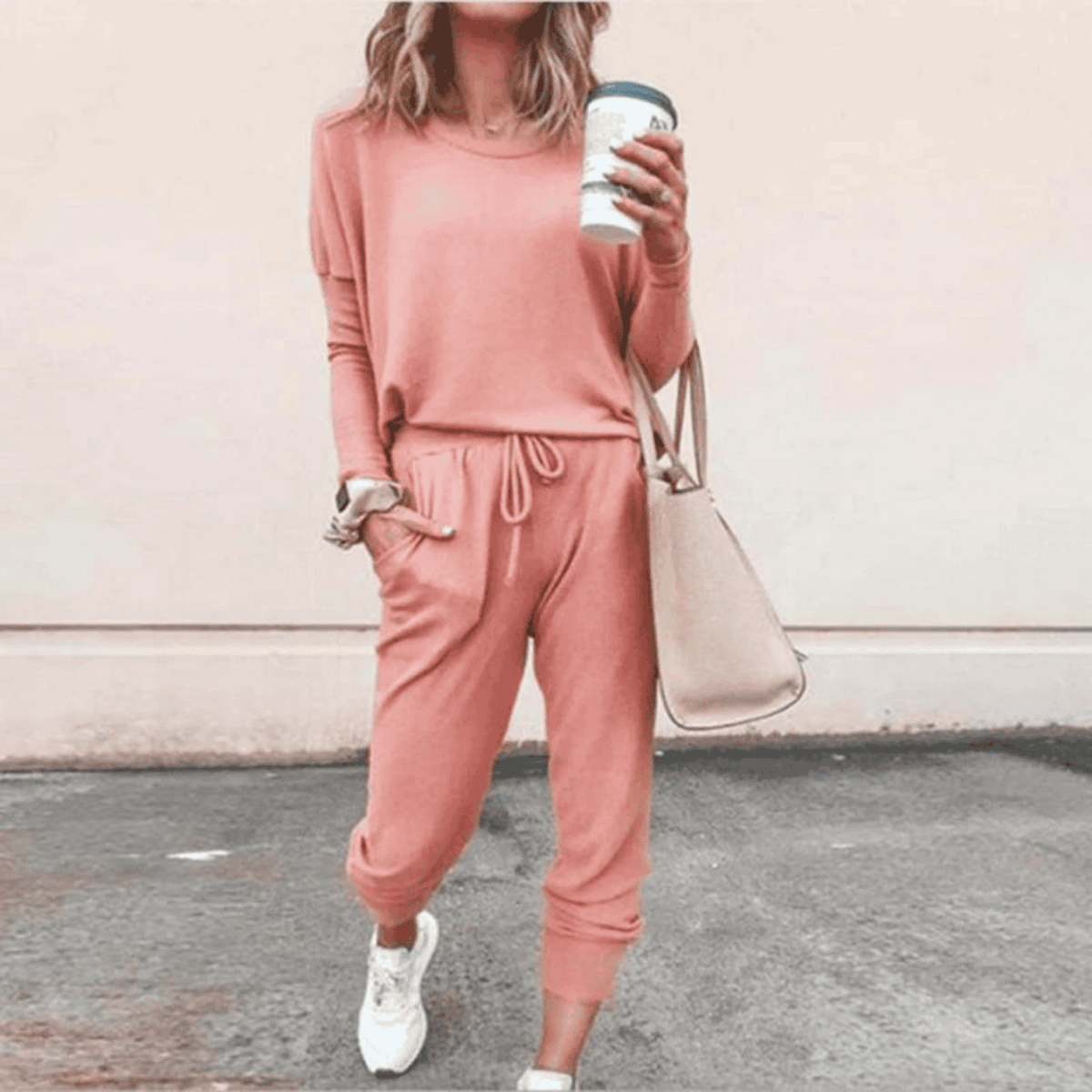 Women's Drawstring Casual Lounge Set in Dusty Rose