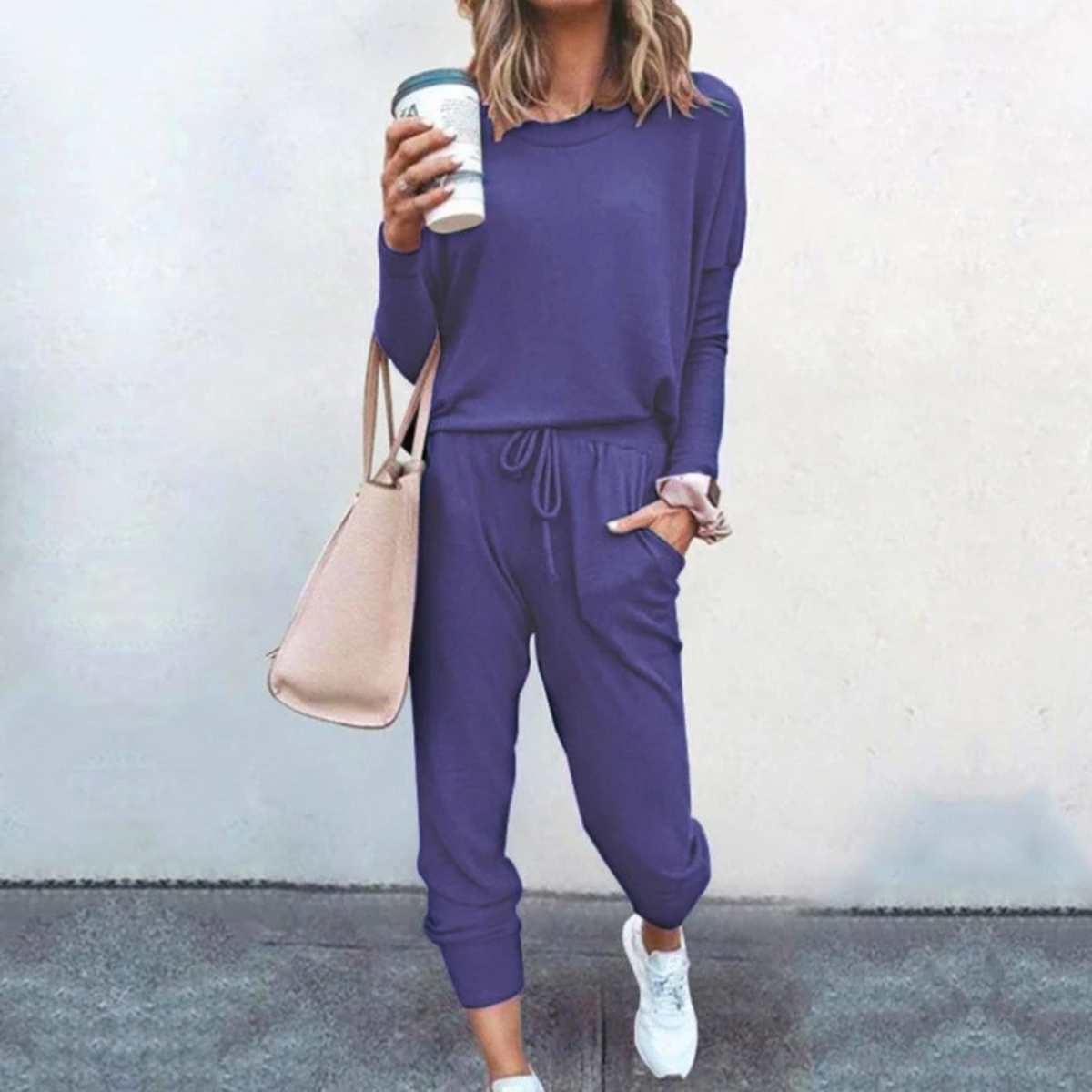 Women's Drawstring Casual Lounge Set in Purple