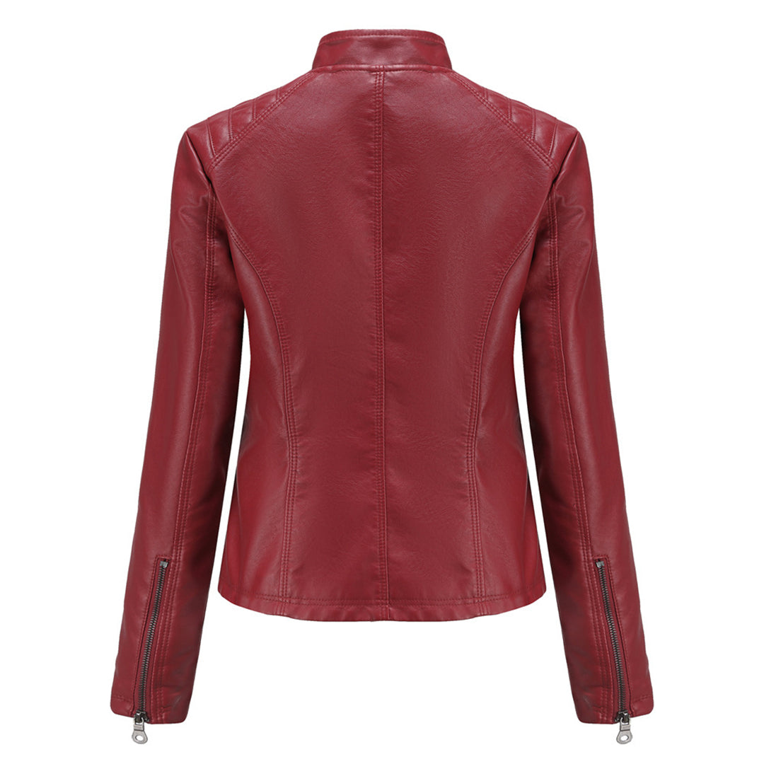 Women's Stand-Collar Zip-Front Casual Jacket in Burgundy