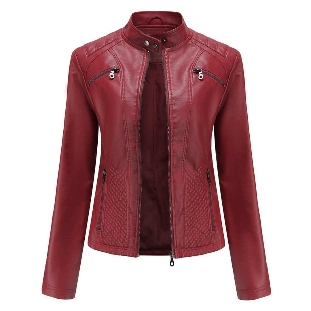 Women's Stand-Collar Zip-Front Casual Jacket in Burgundy
