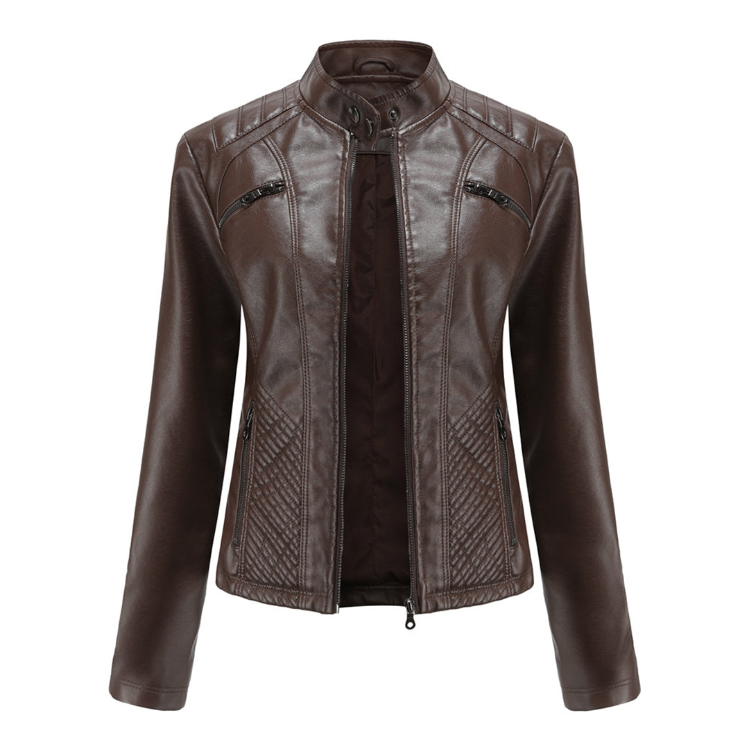 Women's Stand-Collar Zip-Front Casual Jacket in Dark Brown