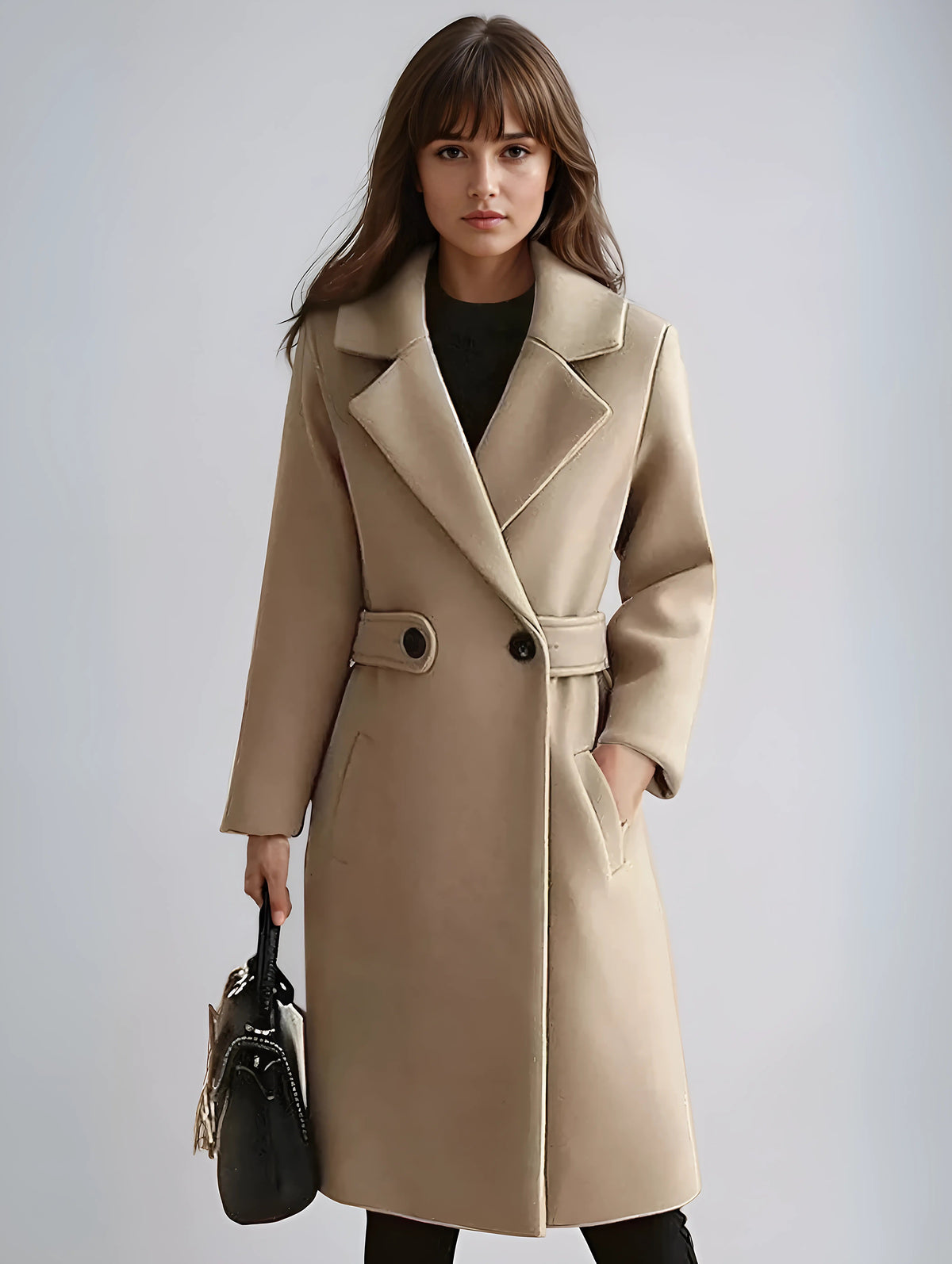 Women's Notched-Lapel Belted Workwear Coat in Camel