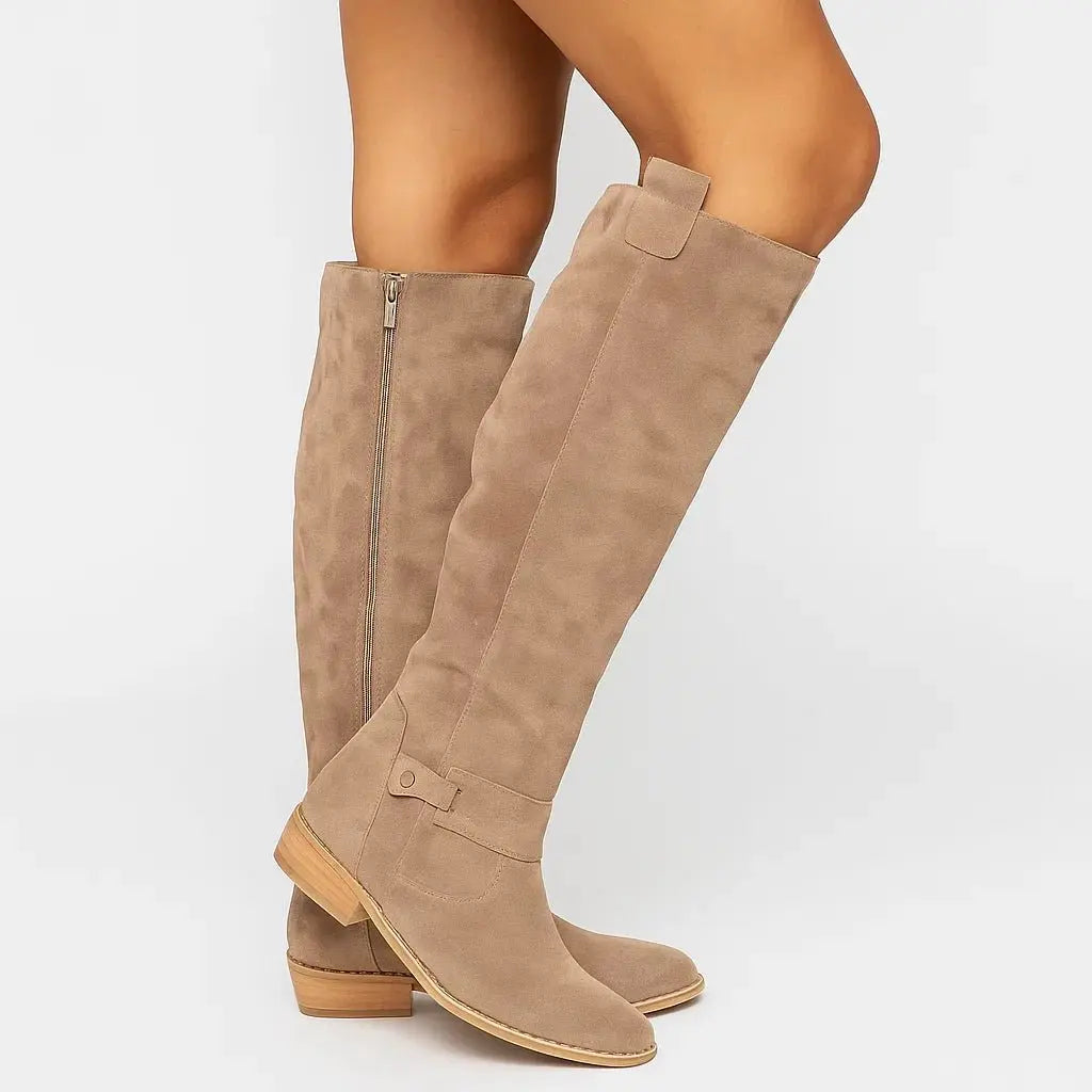 Women's Side-Zip Casual Knee High Boots in Beige