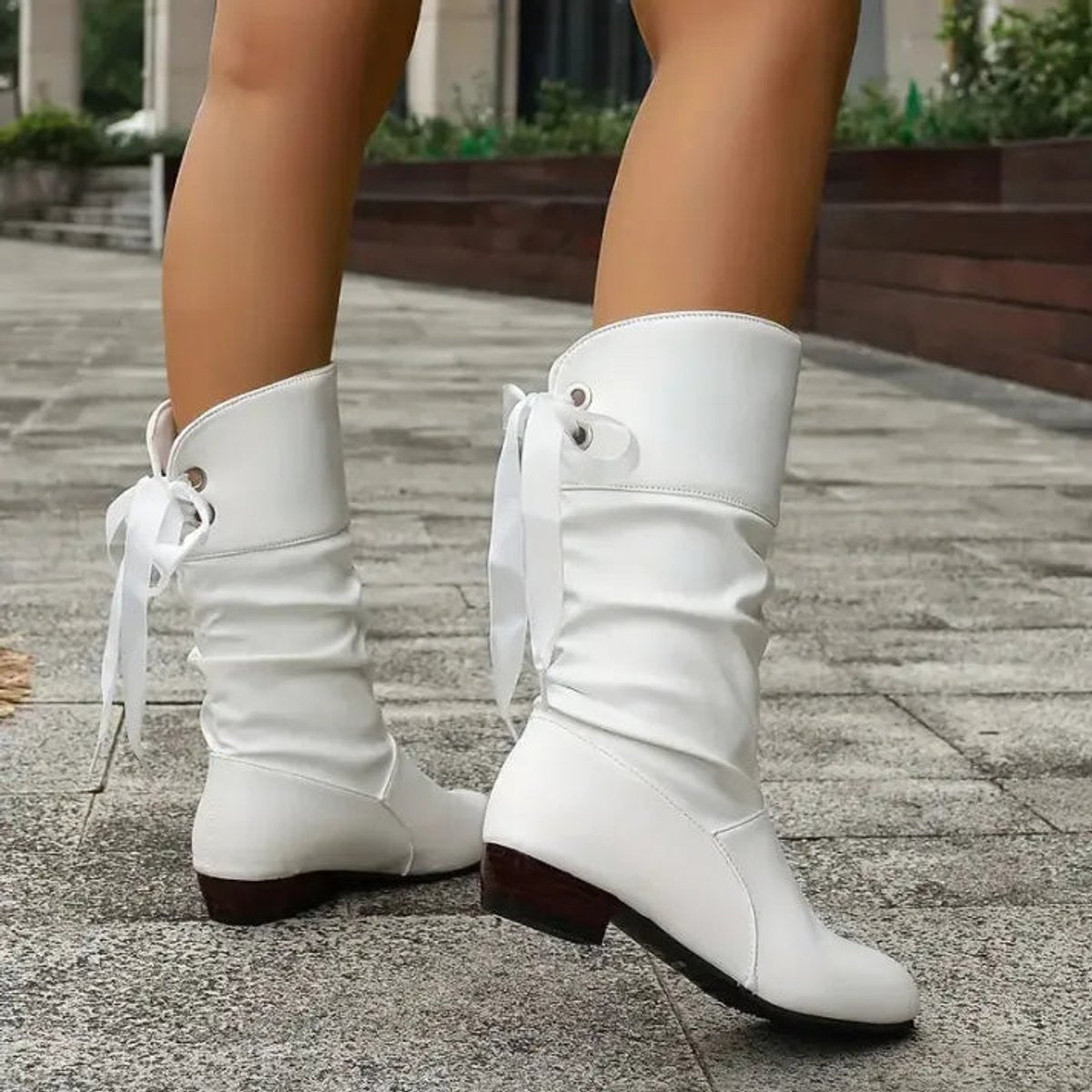 Women's Ruched Lace-Up Casual Boots in White