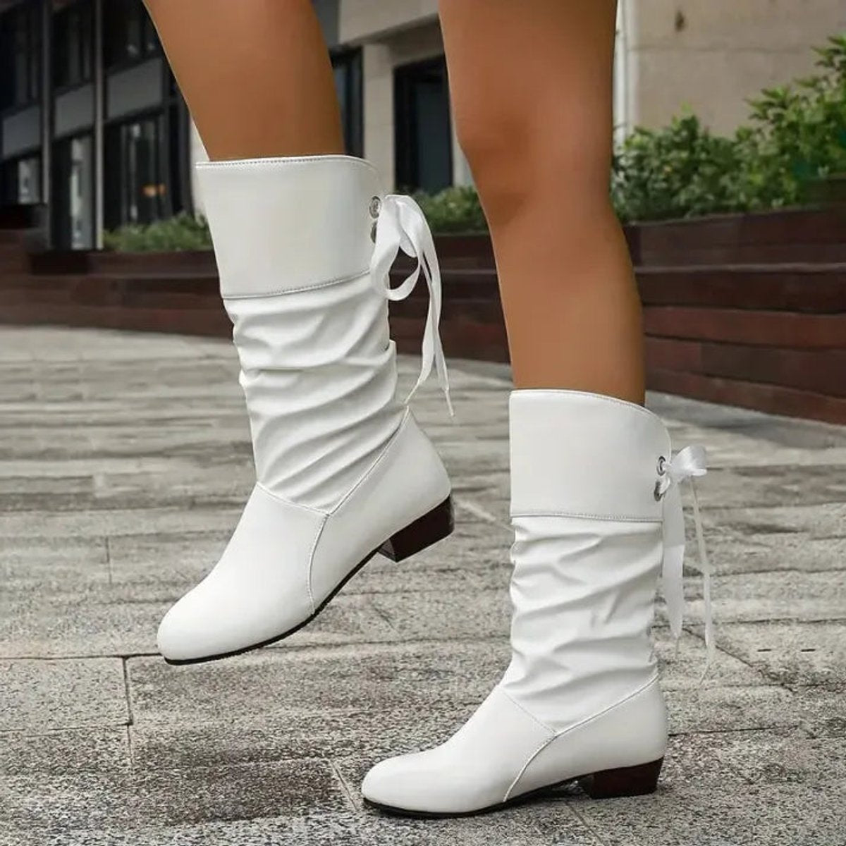 Women's Ruched Lace-Up Casual Boots in White