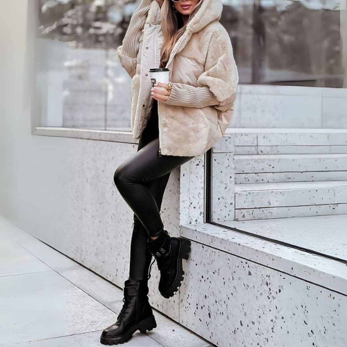 Women's Hooded Zip-Front Casual Jacket in Beige