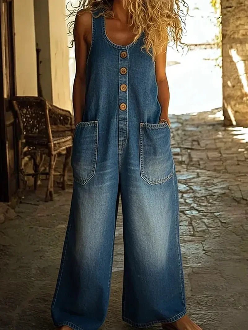 Sleeveless Button-Front Casual Jumpsuit in Blue