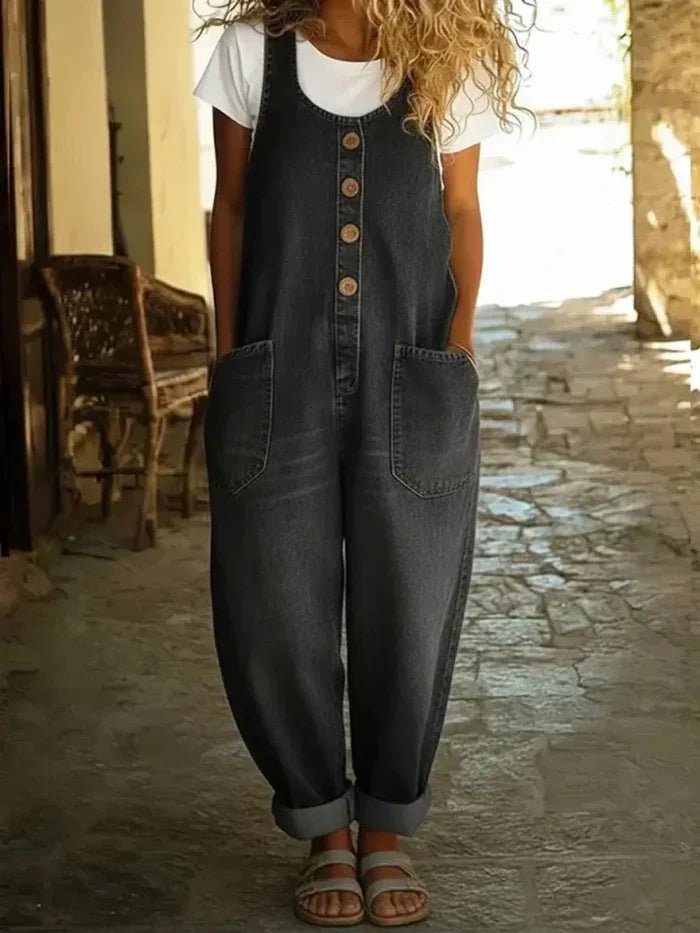 Sleeveless Button-Front Casual Jumpsuit in Dark Grey
