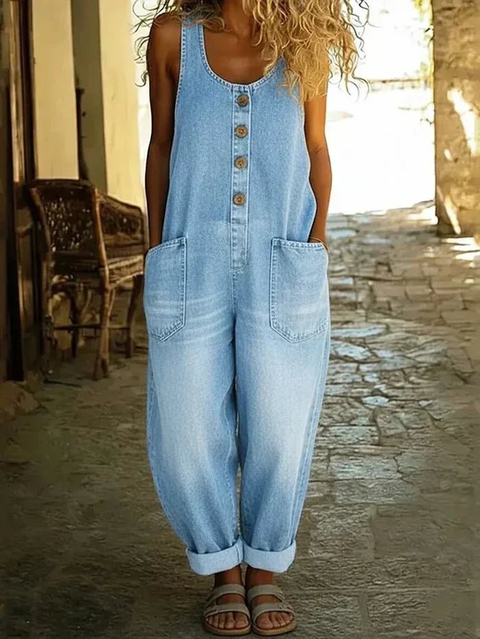 Sleeveless Button-Front Casual Jumpsuit in Light Blue