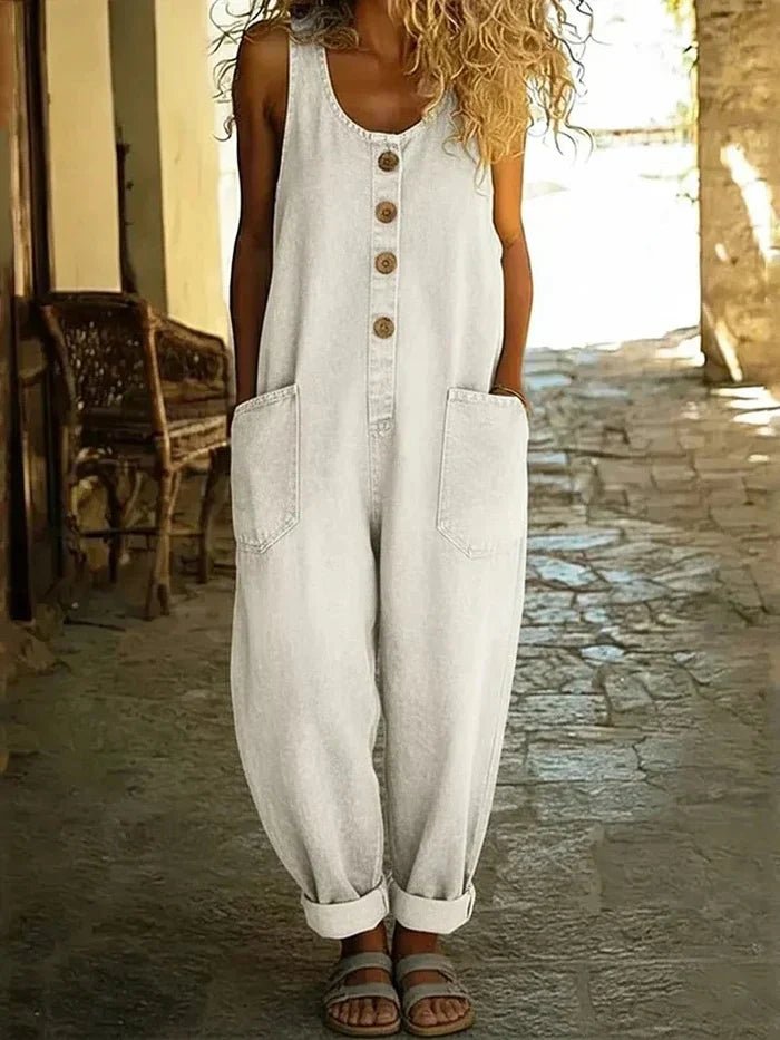 Sleeveless Button-Front Casual Jumpsuit in White