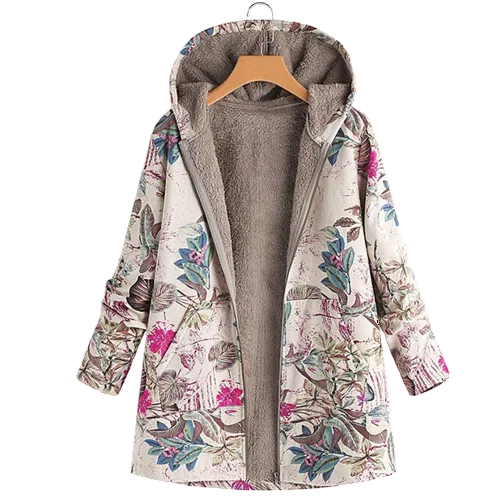 Women's Hooded Floral Print Casual Coat in Cream