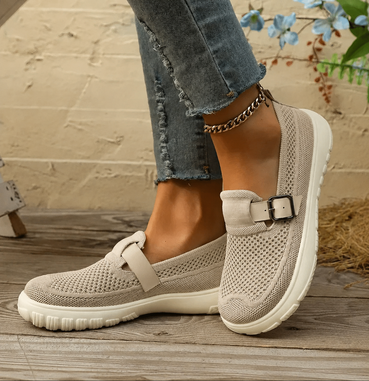Orthopaedic Buckle-Strap Casual Flats in Beige
