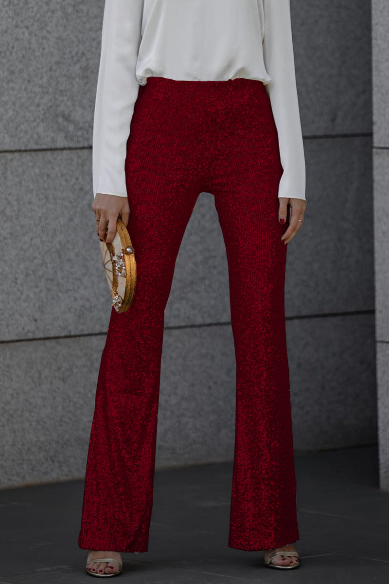 Women's High-Waisted Flared Party Trousers in Dark Red