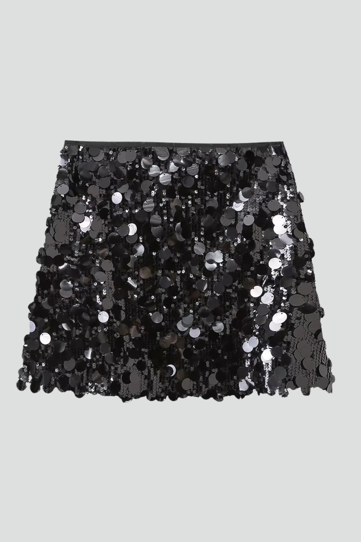 Sequin Straight-Cut Mini Party Skirt in Black
