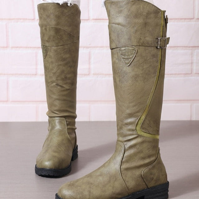 Women's Buckle Casual Knee High Boots in Olive