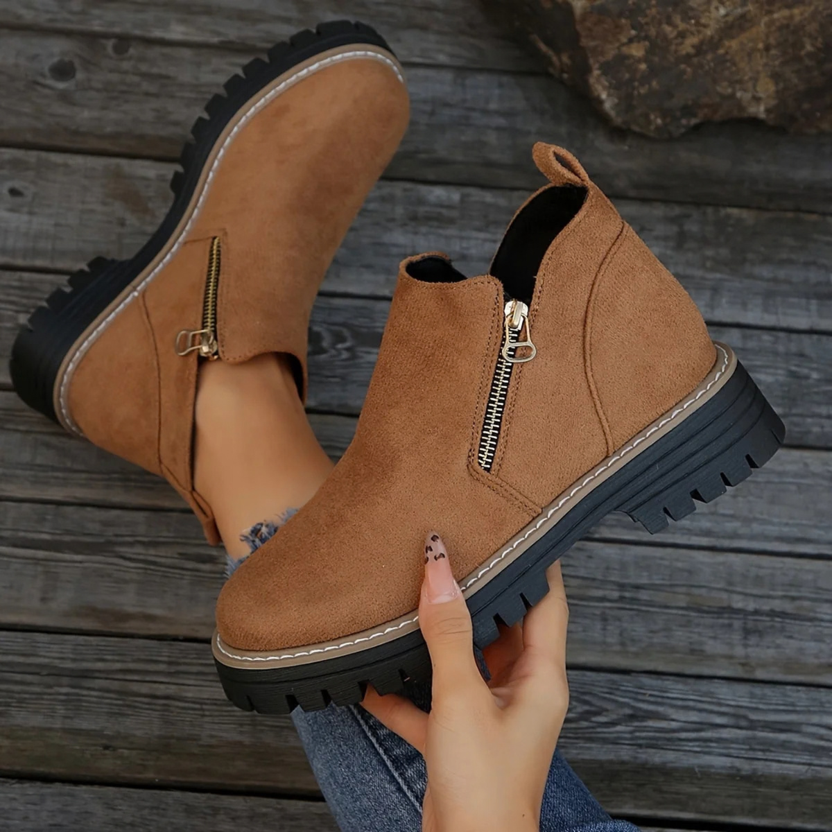 Women's Orthopaedic Side-Zip Casual Ankle Boots in Camel