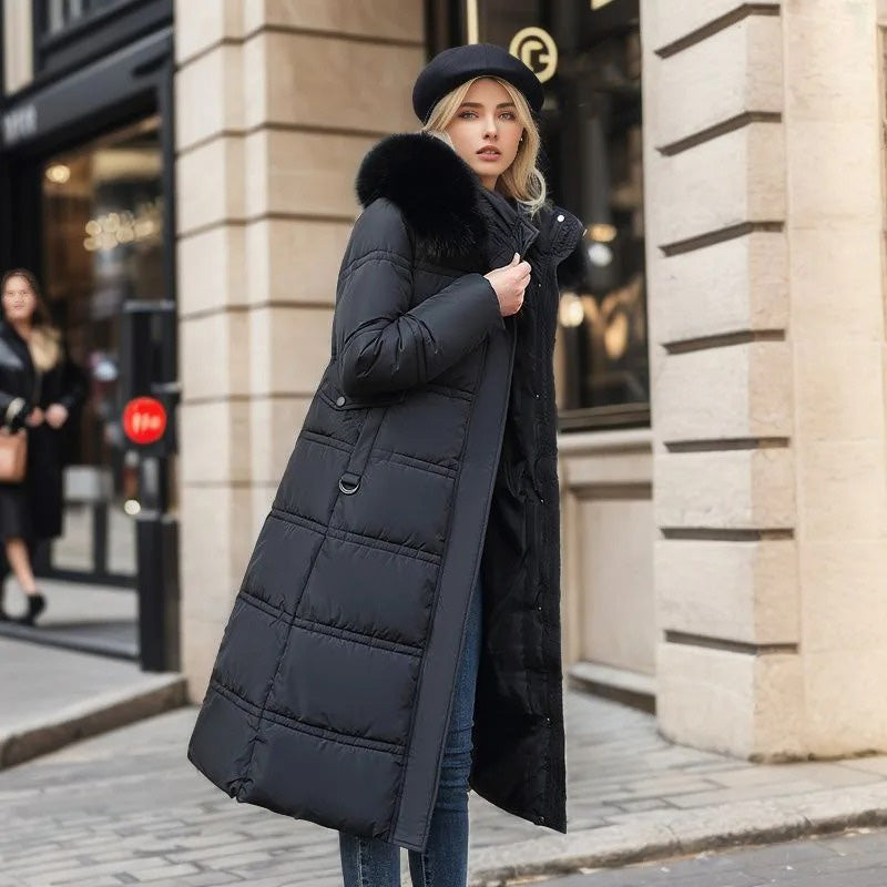 Women's Belted Hooded Quilted Casual Coat in Black