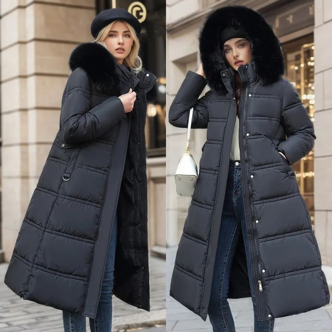 Women's Belted Hooded Quilted Casual Coat in Black