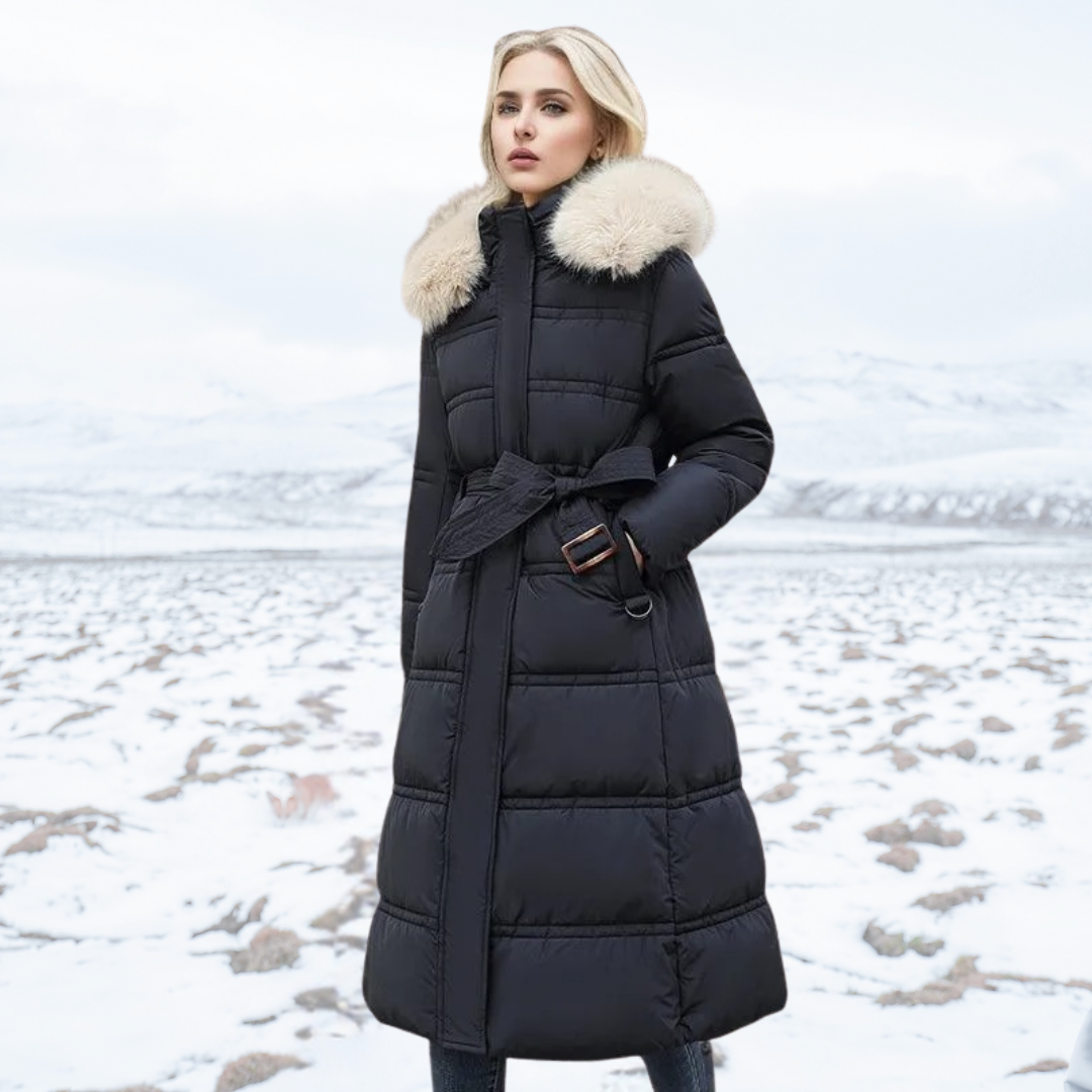 Women's Belted Hooded Quilted Casual Coat in Black & Beige