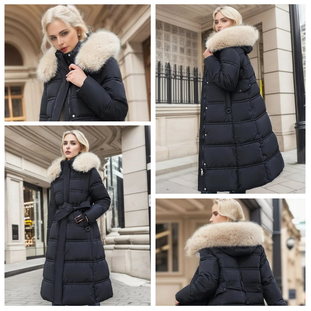 Women's Belted Hooded Quilted Casual Coat in Black & Beige