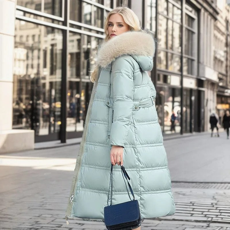 Women's Belted Hooded Quilted Casual Coat in Mint & Beige