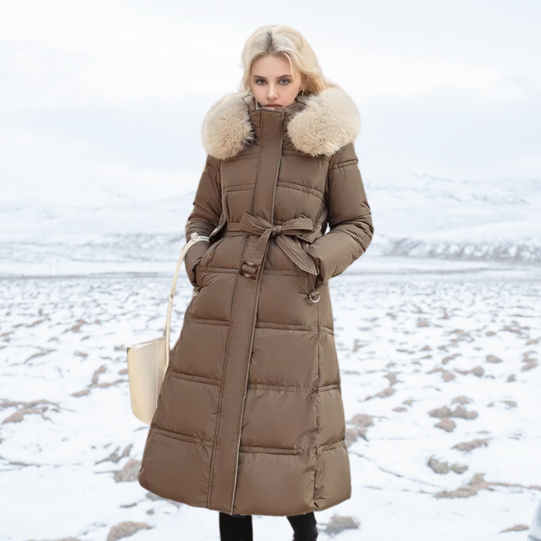 Women's Belted Hooded Quilted Casual Coat in Taupe & Beige