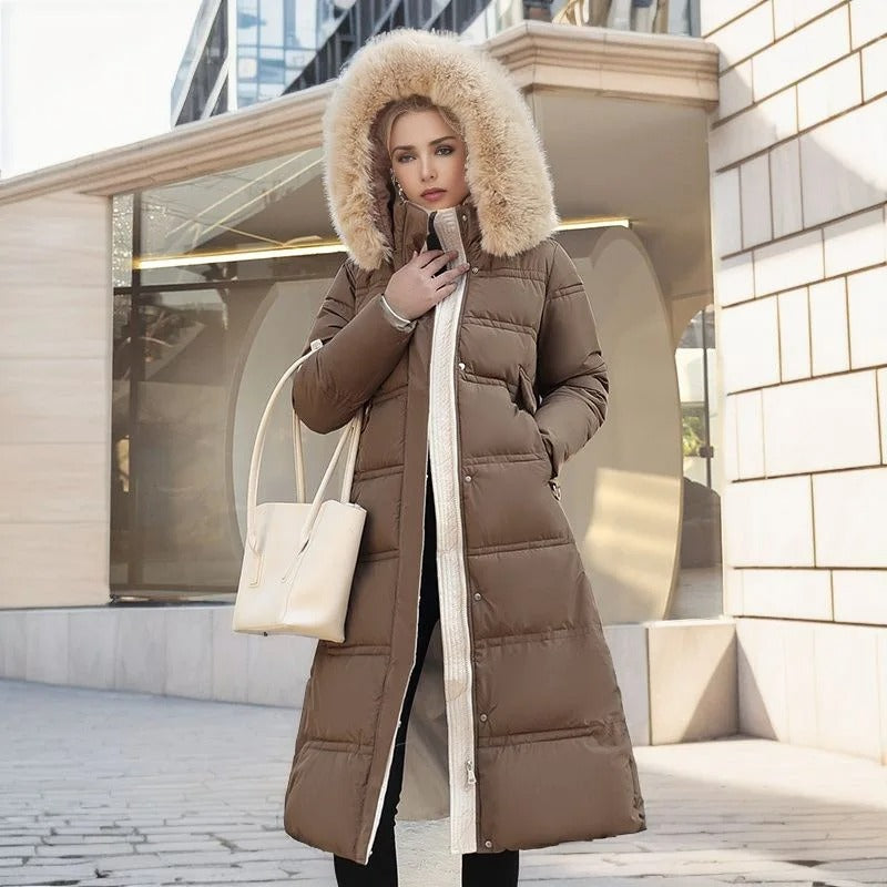 Women's Belted Hooded Quilted Casual Coat in Taupe & Beige