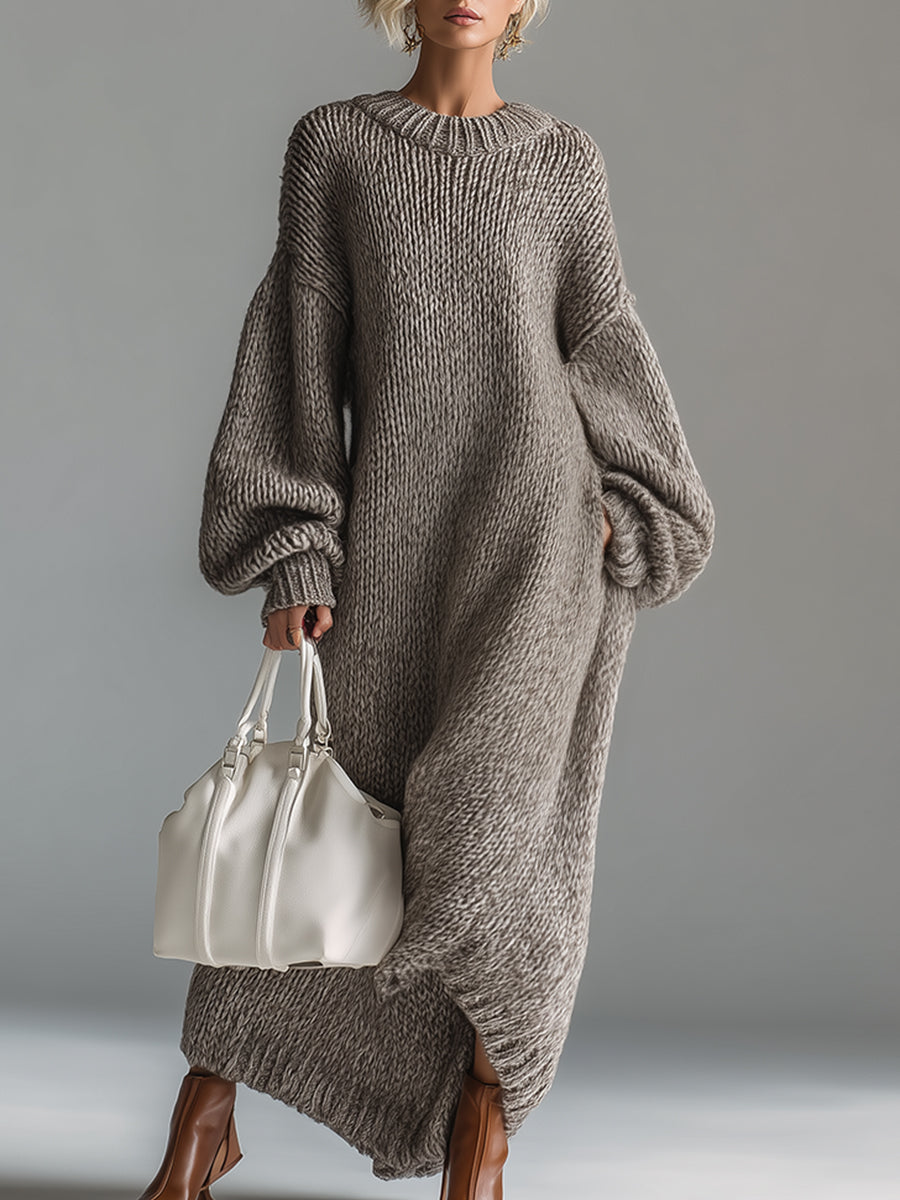 Balloon-Sleeve Casual Maxi Dress in Taupe