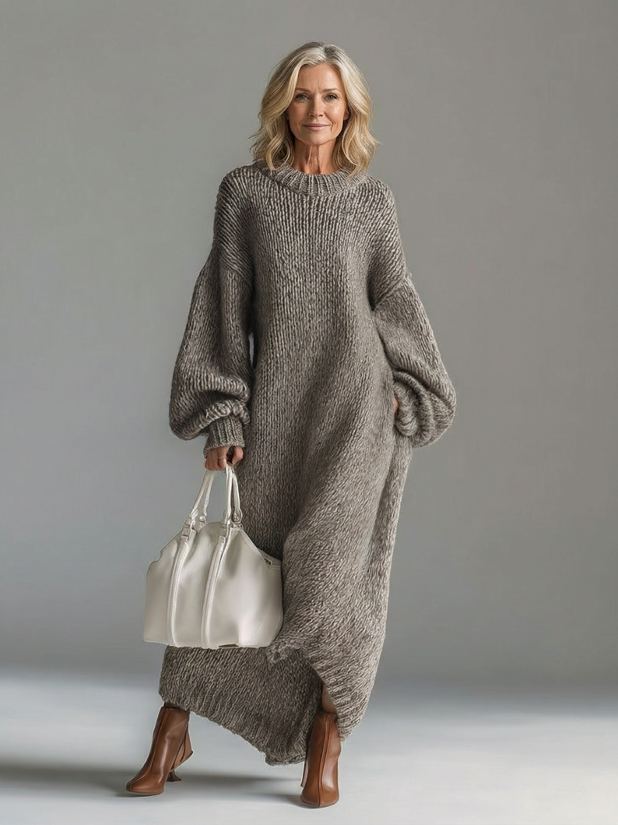Balloon-Sleeve Casual Maxi Dress in Taupe