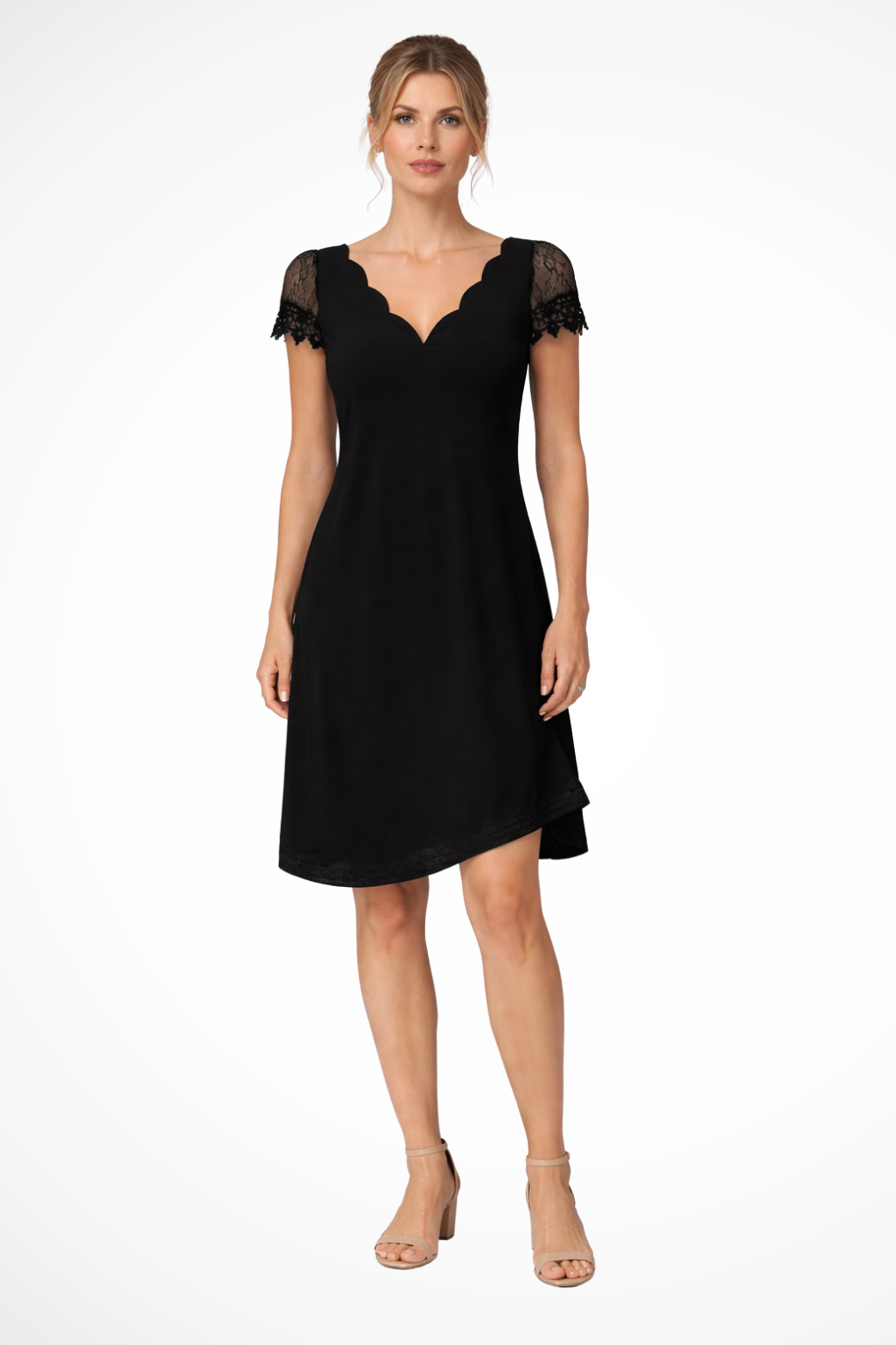 Scalloped Lace-Sleeve Cocktail Mini Dress in Black