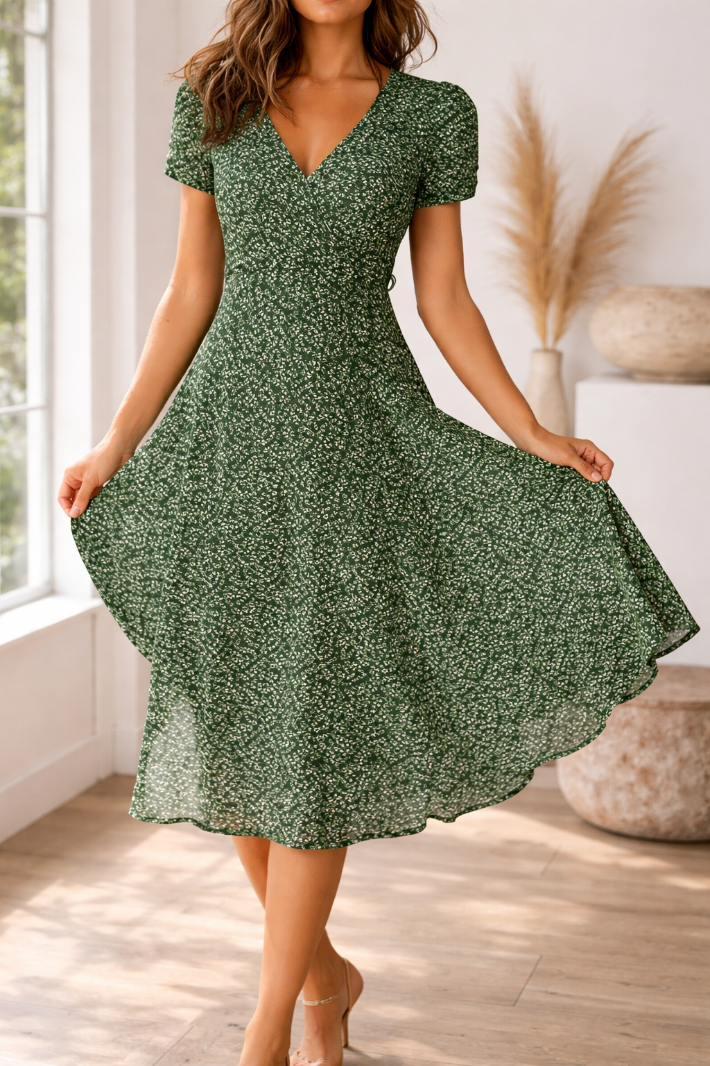 Wrap-Front Flared Holiday Midi Dress in Dark Green