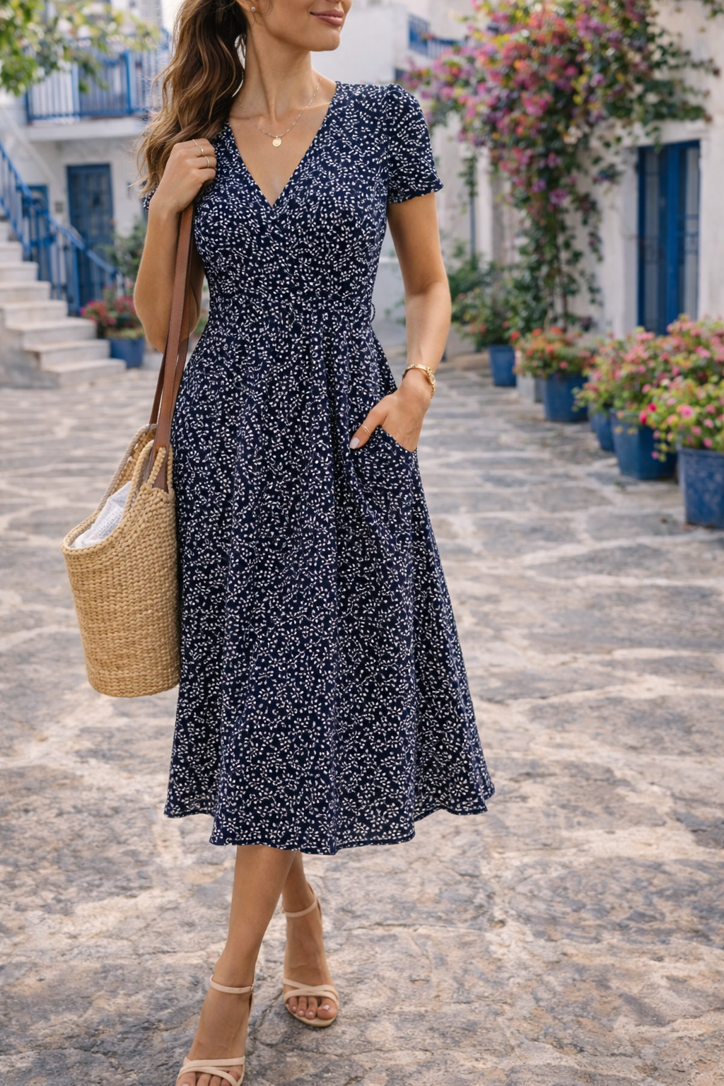 Wrap-Front Flared Holiday Midi Dress in Navy