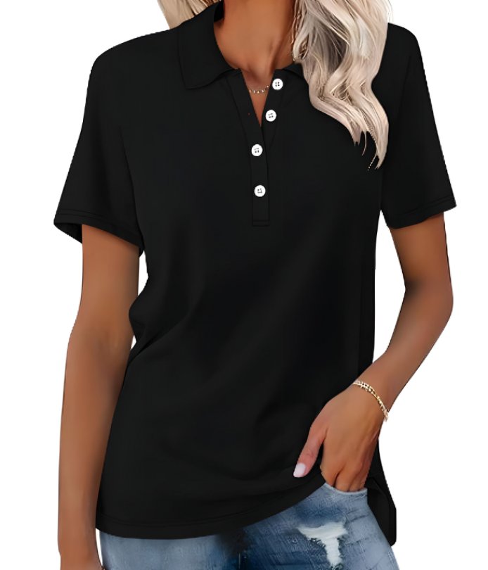 Women's Button-Placket Collared Casual T-Shirt in Black