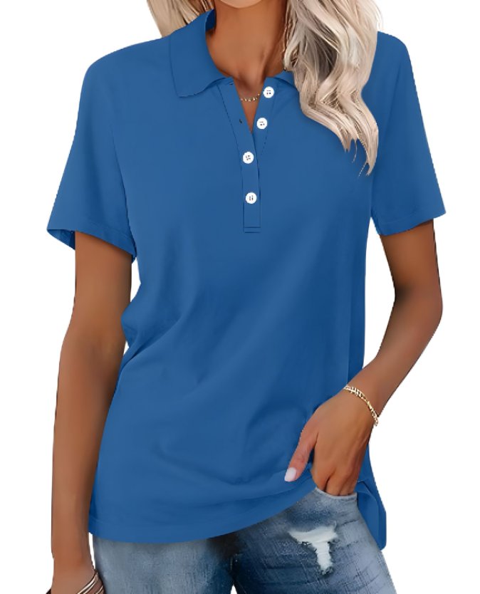 Women's Button-Placket Collared Casual T-Shirt in Blue