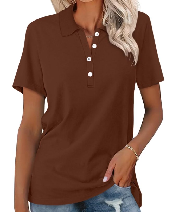 Women's Button-Placket Collared Casual T-Shirt in Brown