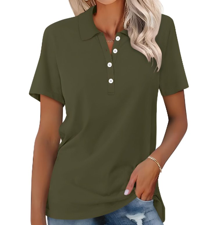 Women's Button-Placket Collared Casual T-Shirt in Olive