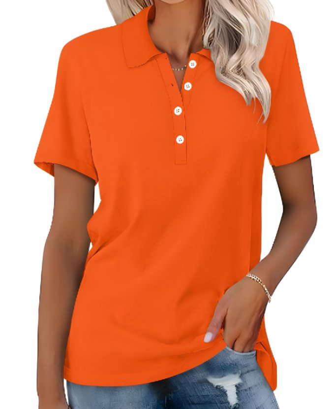 Women's Button-Placket Collared Casual T-Shirt in Orange