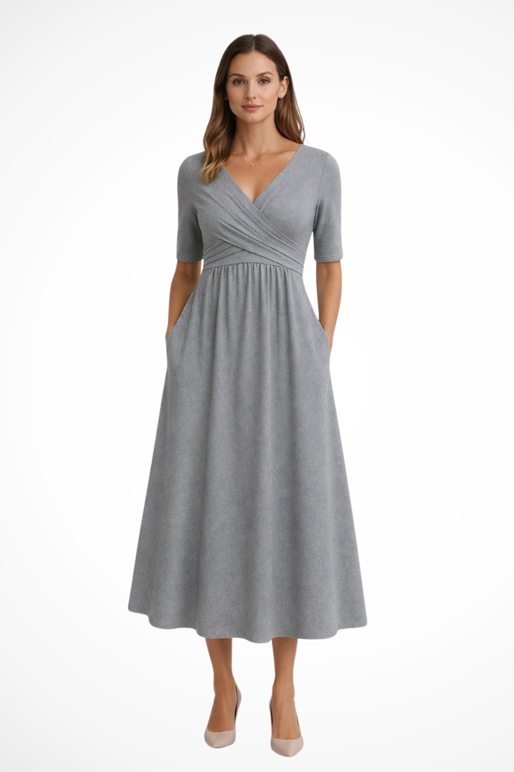Crossover Wrap Workwear Midi Dress in Grey