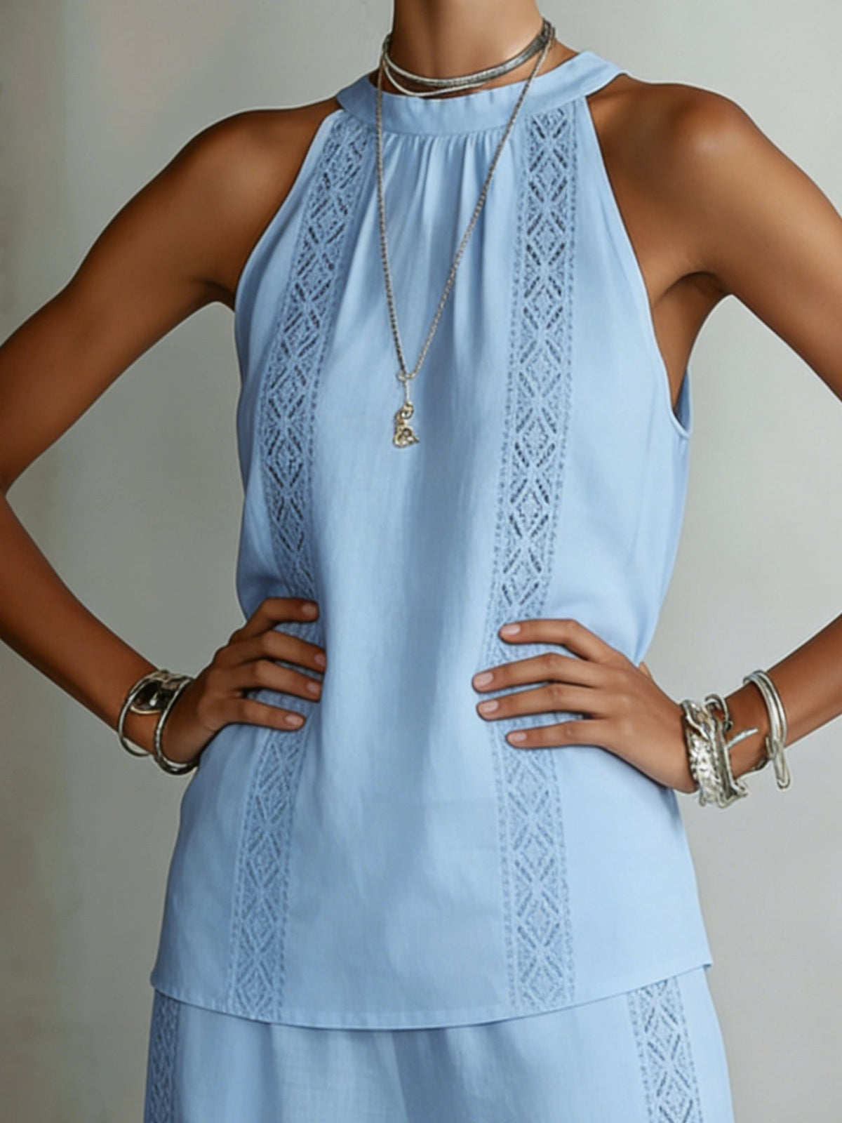 Halter Lace-Panel Holiday Co-ord in Light Blue