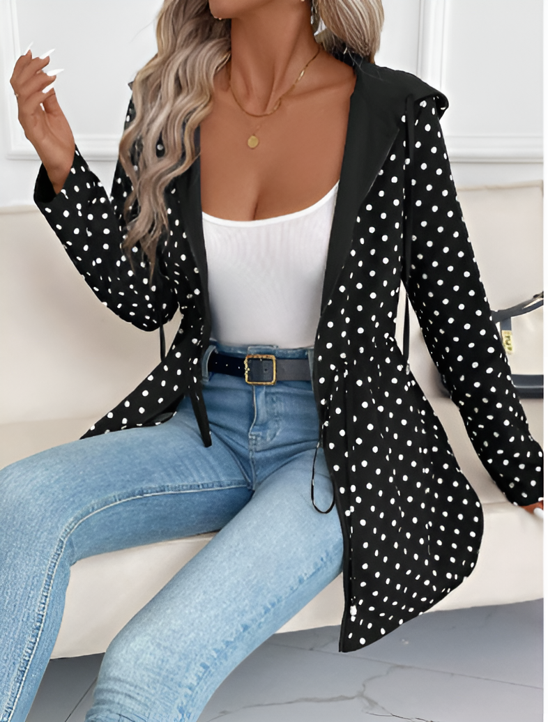 Women's Drawstring Hooded Casual Coat in Black Polka Dot