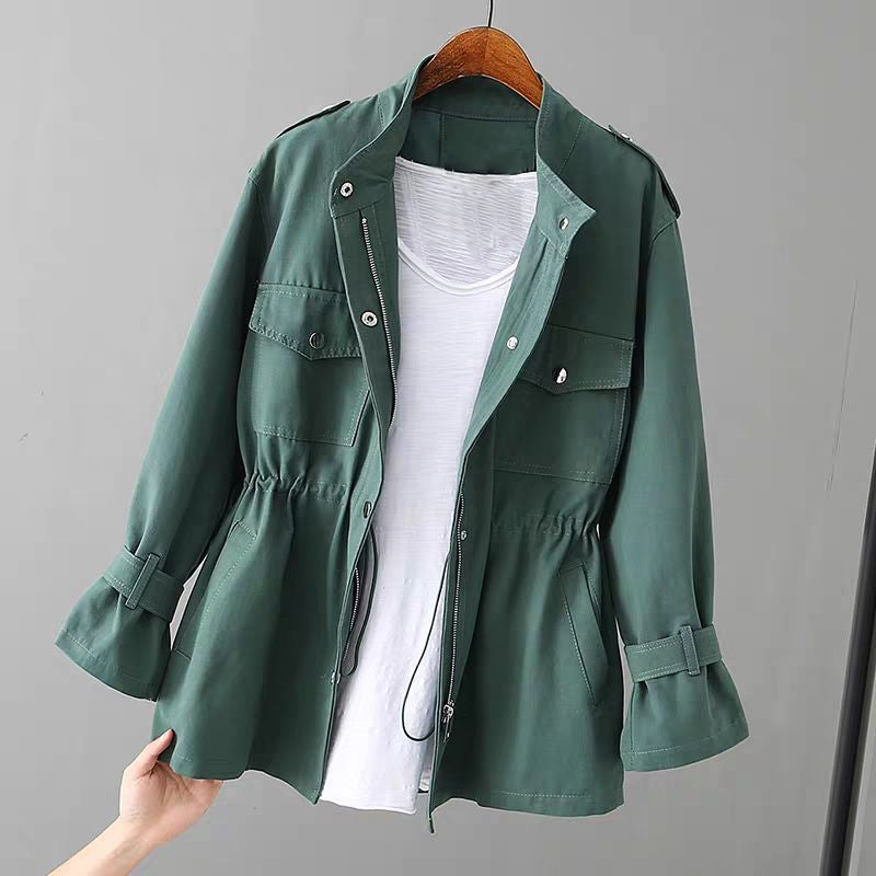 Women's Drawstring Casual Jacket in Dark Green