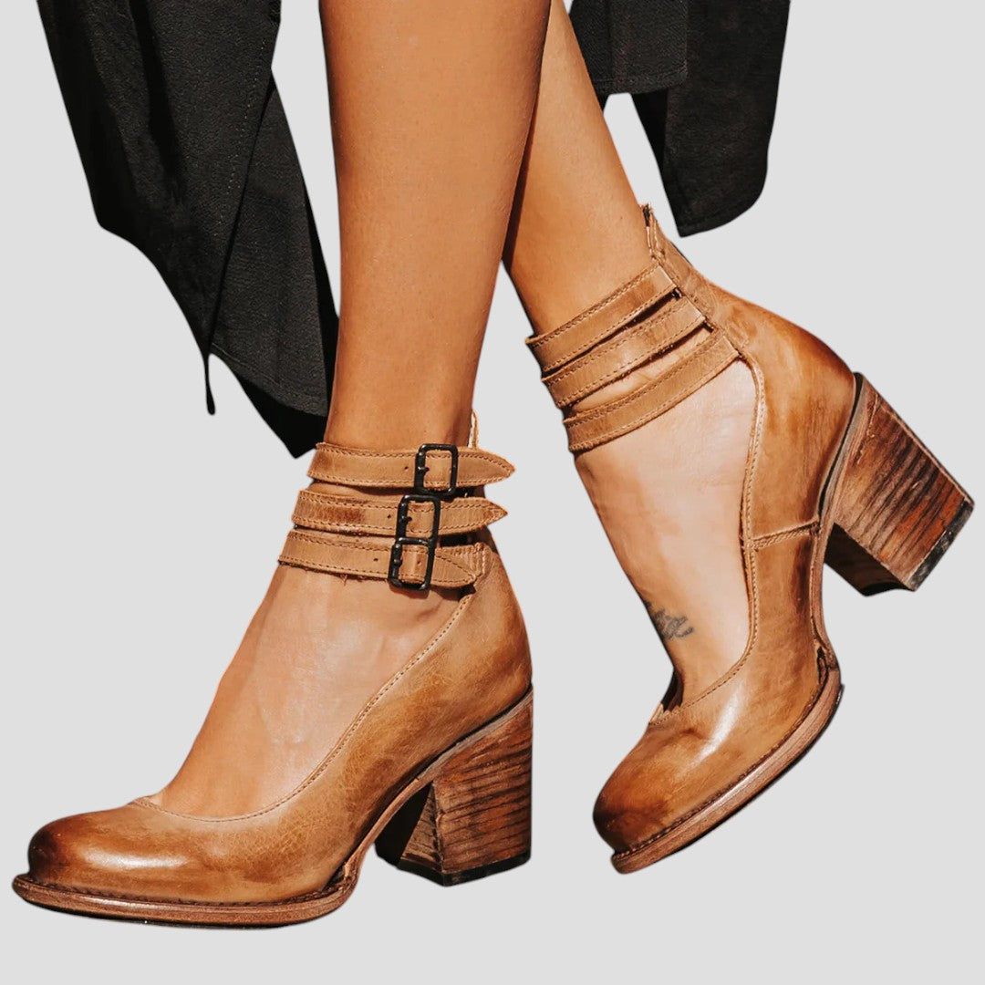 Triple Buckle Ankle-Strap Casual Heels in Camel