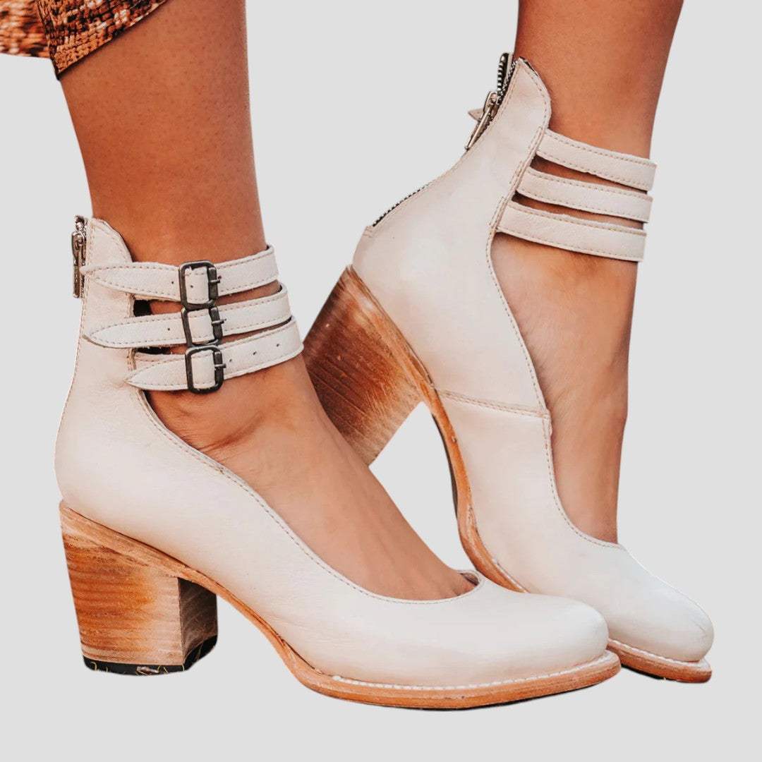 Triple Buckle Ankle-Strap Casual Heels in Cream