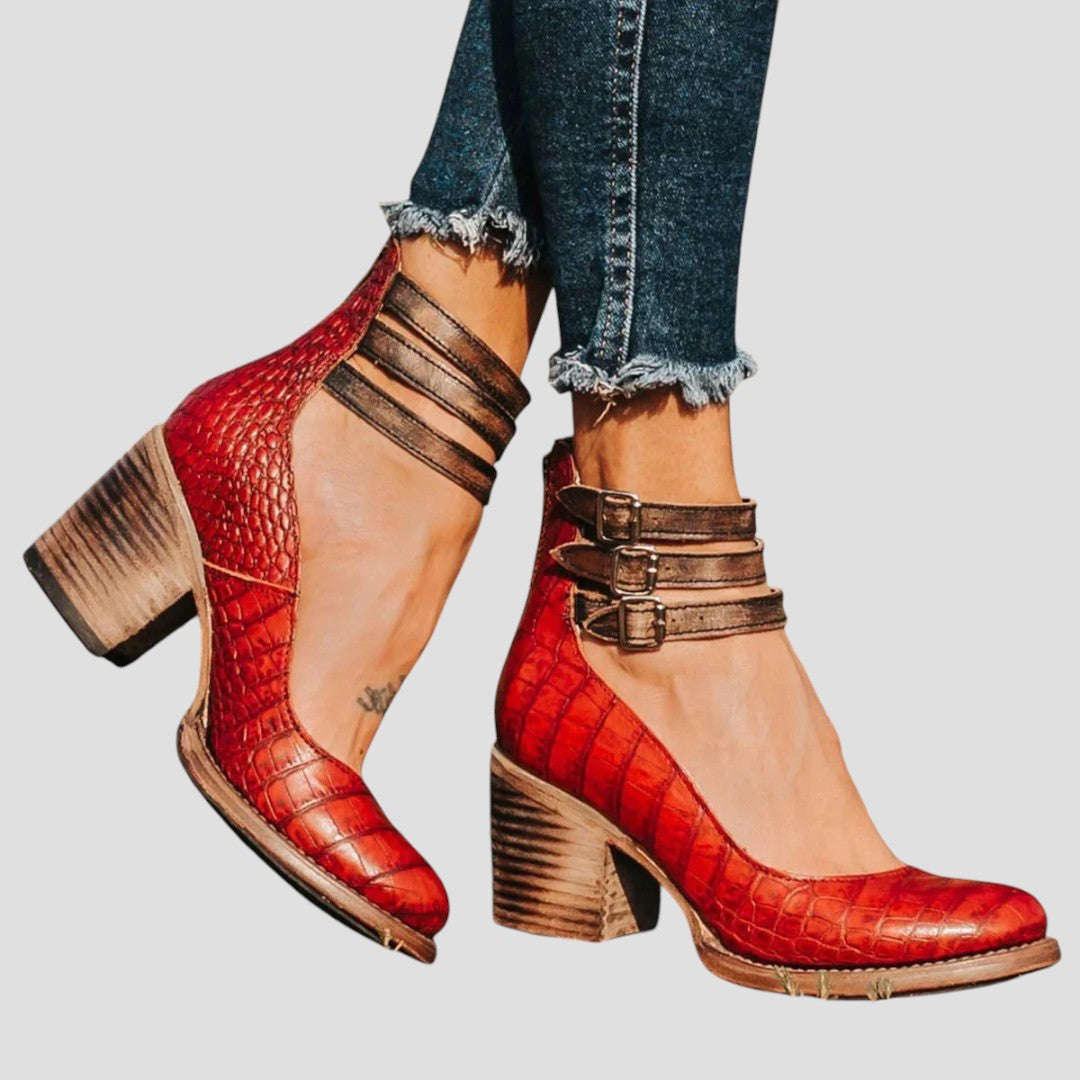 Triple Buckle Ankle-Strap Casual Heels in Red