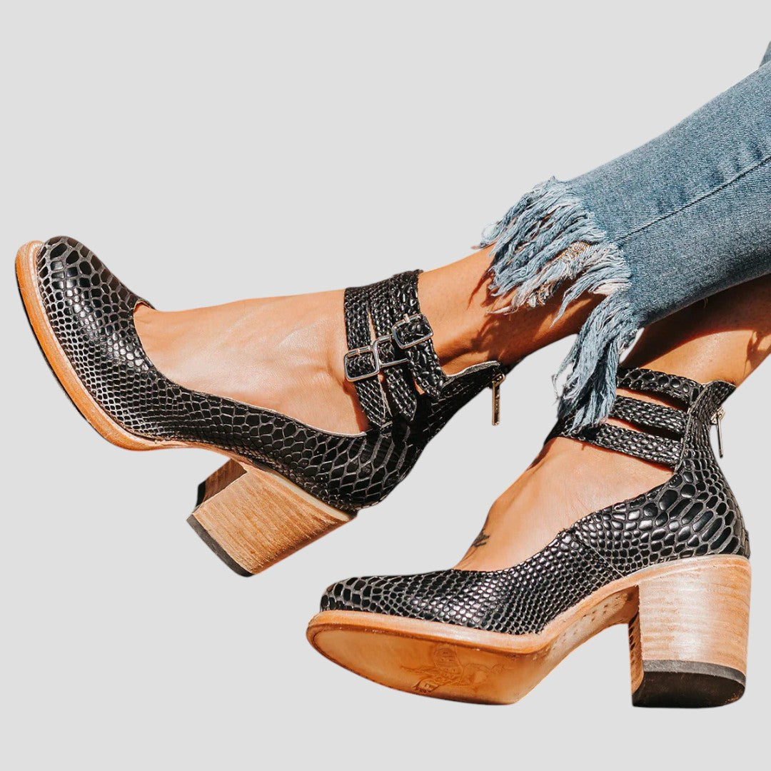Triple Buckle Ankle-Strap Casual Heels in Snake