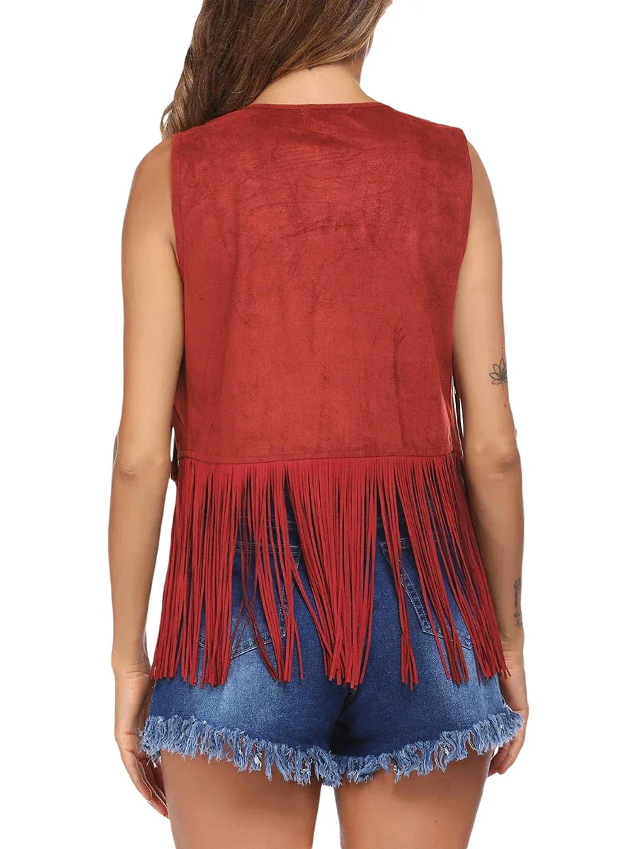 Women's Open-Front Fringed Casual Gilet in Brick Red