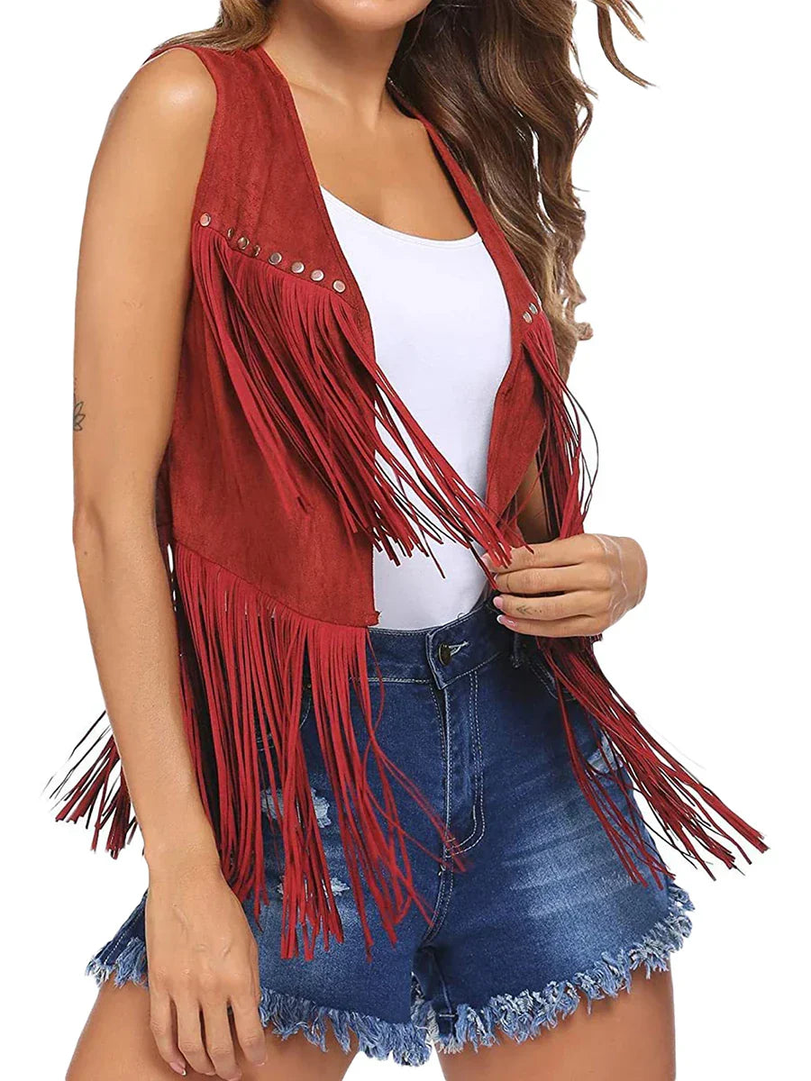 Women's Open-Front Fringed Casual Gilet in Brick Red