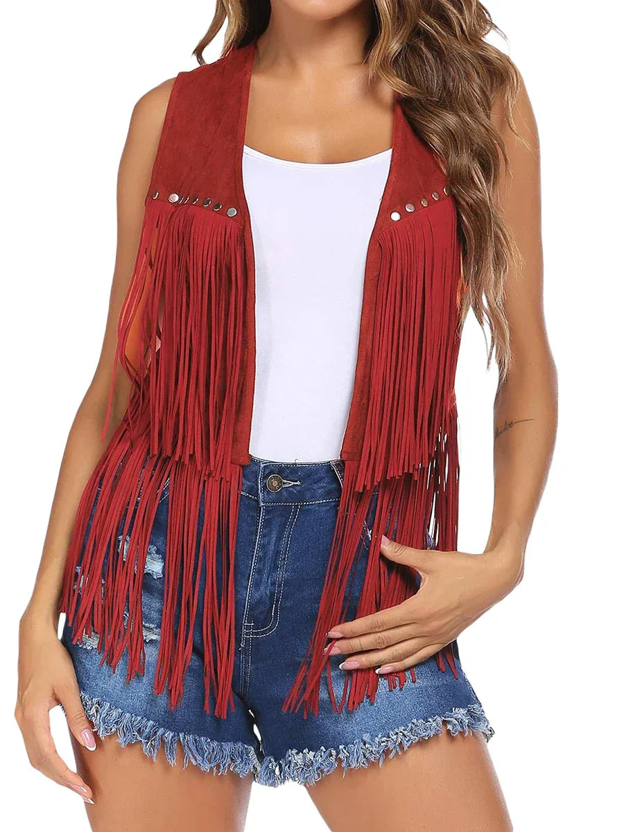 Women's Open-Front Fringed Casual Gilet in Brick Red