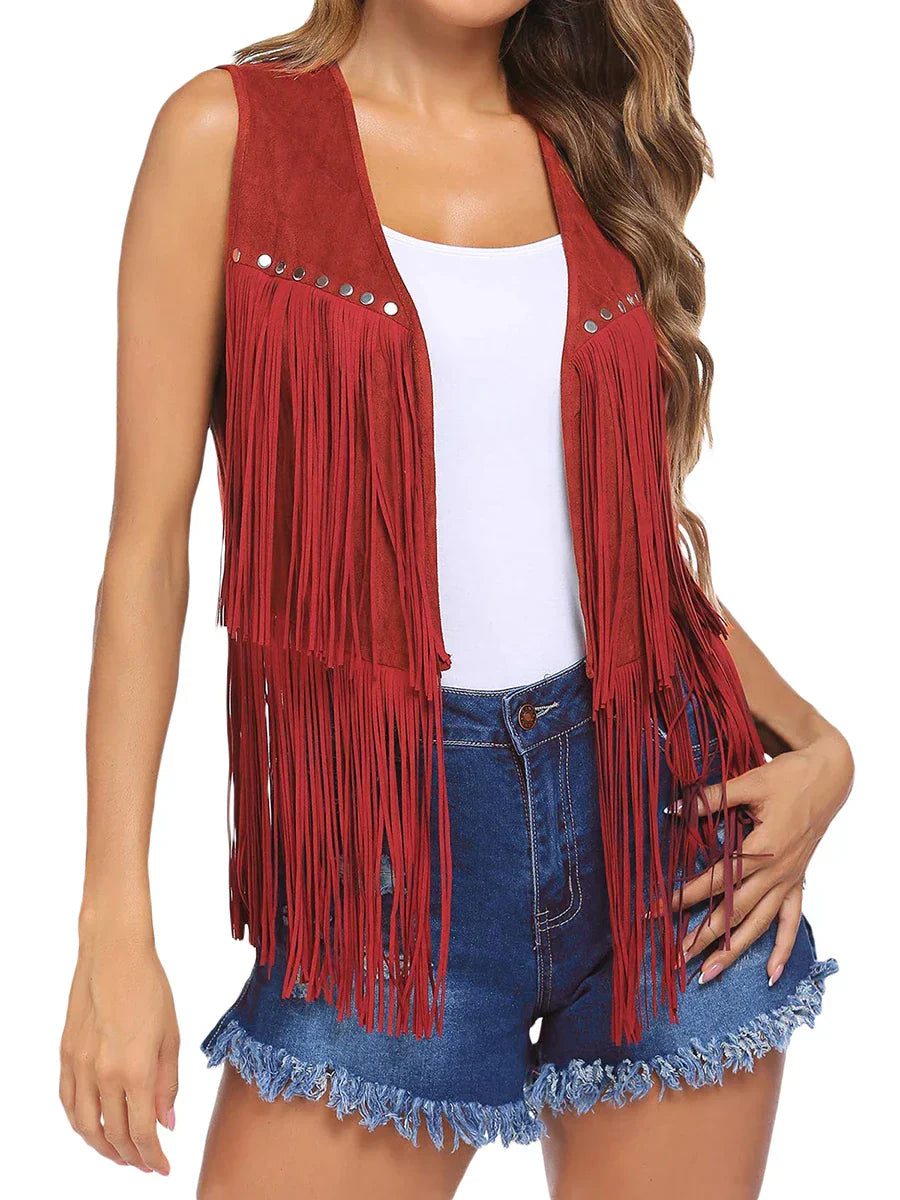 Women's Open-Front Fringed Casual Gilet in Brick Red