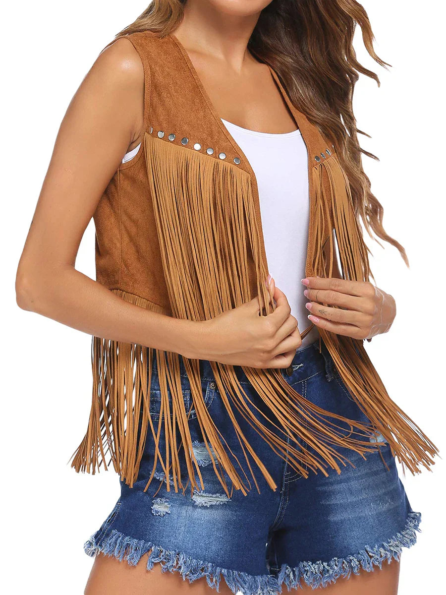Women's Open-Front Fringed Casual Gilet in Camel